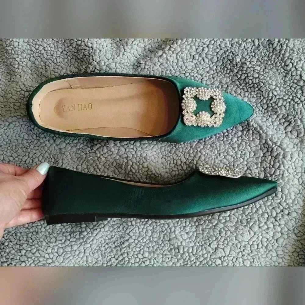 Green Satin Basket flat shoes sz eu 42 us 9.5 medium whide - Picture 2 of 9